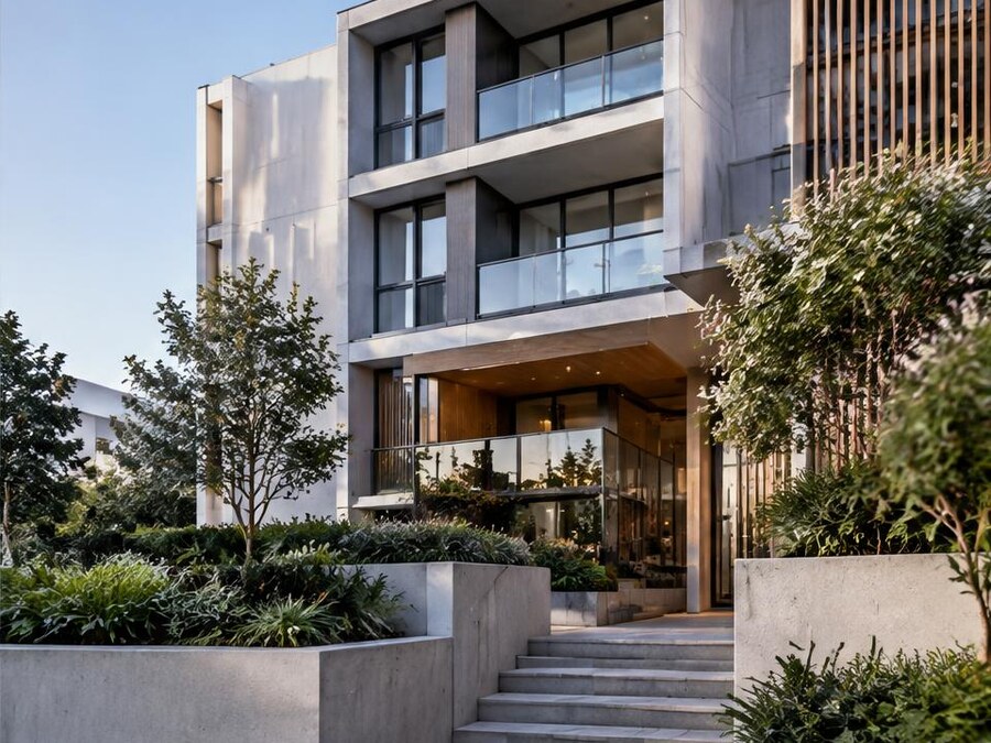 Landscaped entrance to a completed apartment building