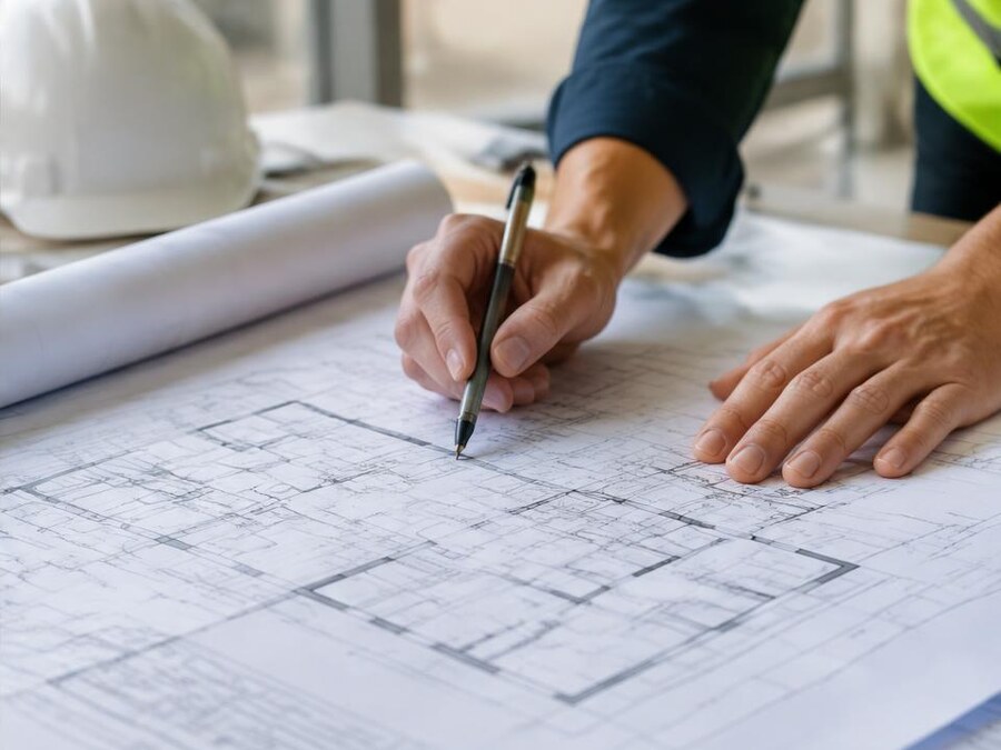 Engineer reviewing building drawings