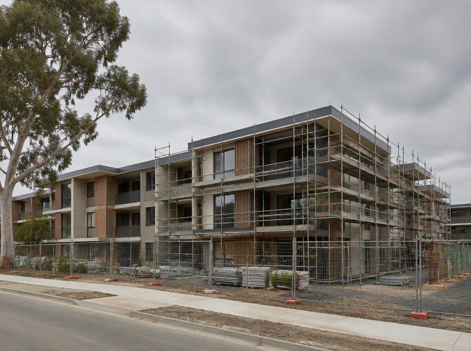 Low-rise apartment building under construction with scaffolding